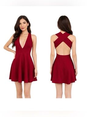 DEEP RED BACKLESS DEEP V SKATER DRESS